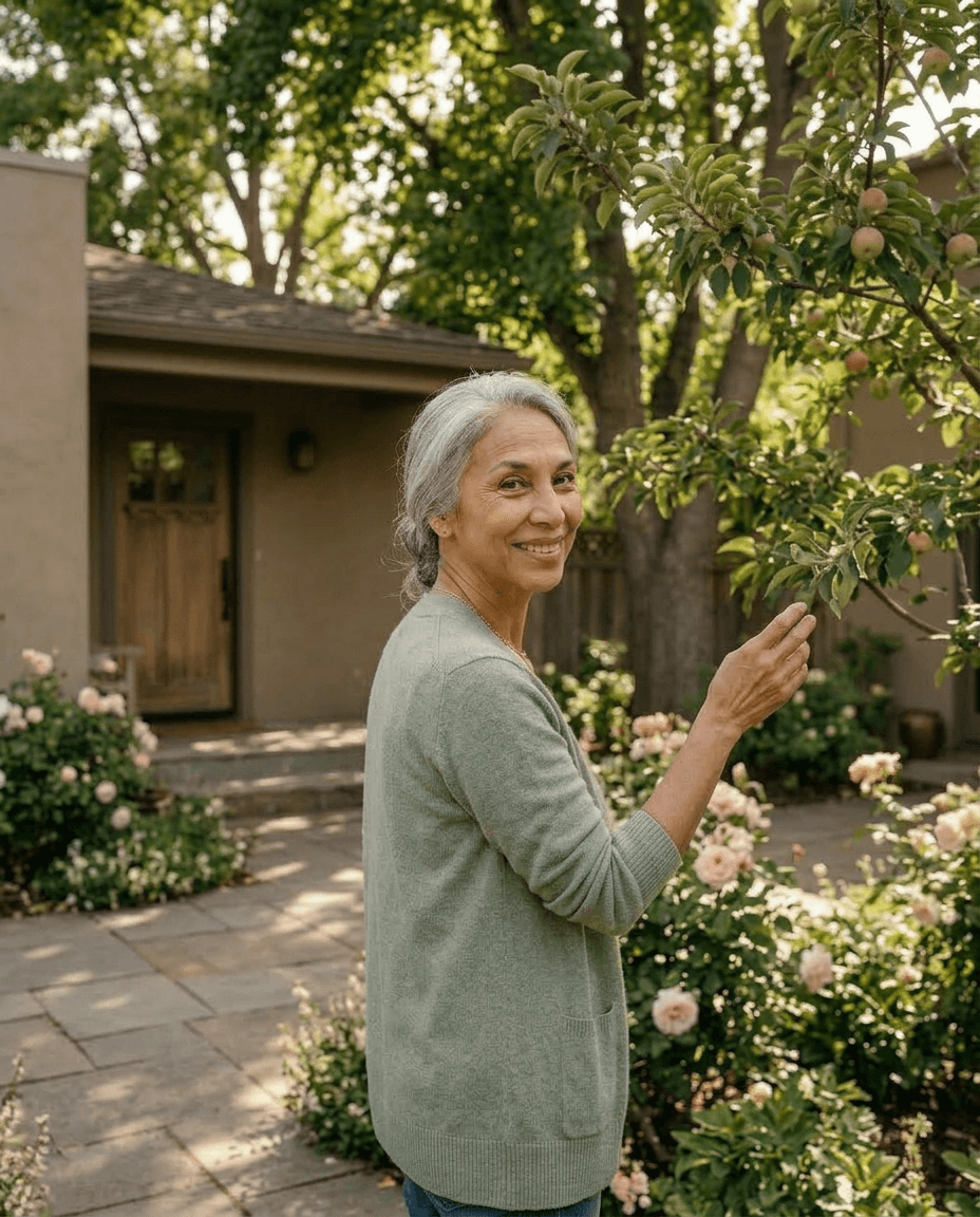 Claire in the courtyard outside her office
